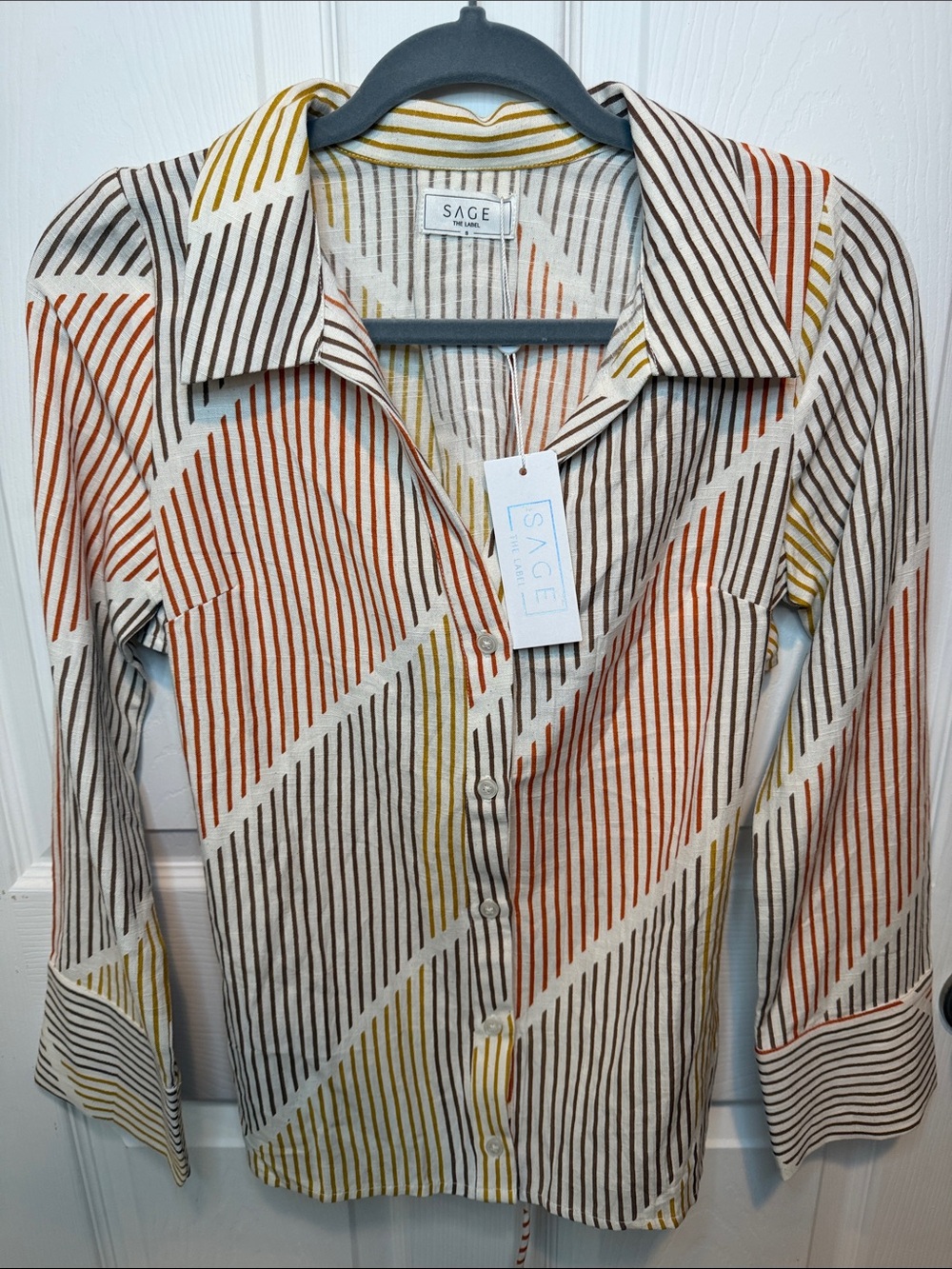 Sage Striped Button-Down Shirt in Cream with Rust & Mustard Accents
